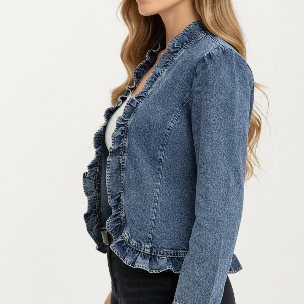 Denim Jacket with Soft Ruffle Trim Open Front Design and Textured Washed Finish for Stylish Layered Outfits: Blue / Small 4-6