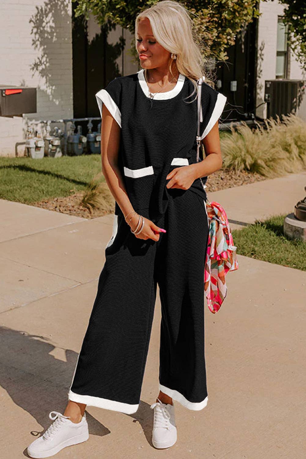 Navy Colorblock Pocket Tee Wide Leg Pants Two Piece Set: Navy Blue / 70%Polyester+27%Viscose+3%Elastane / M