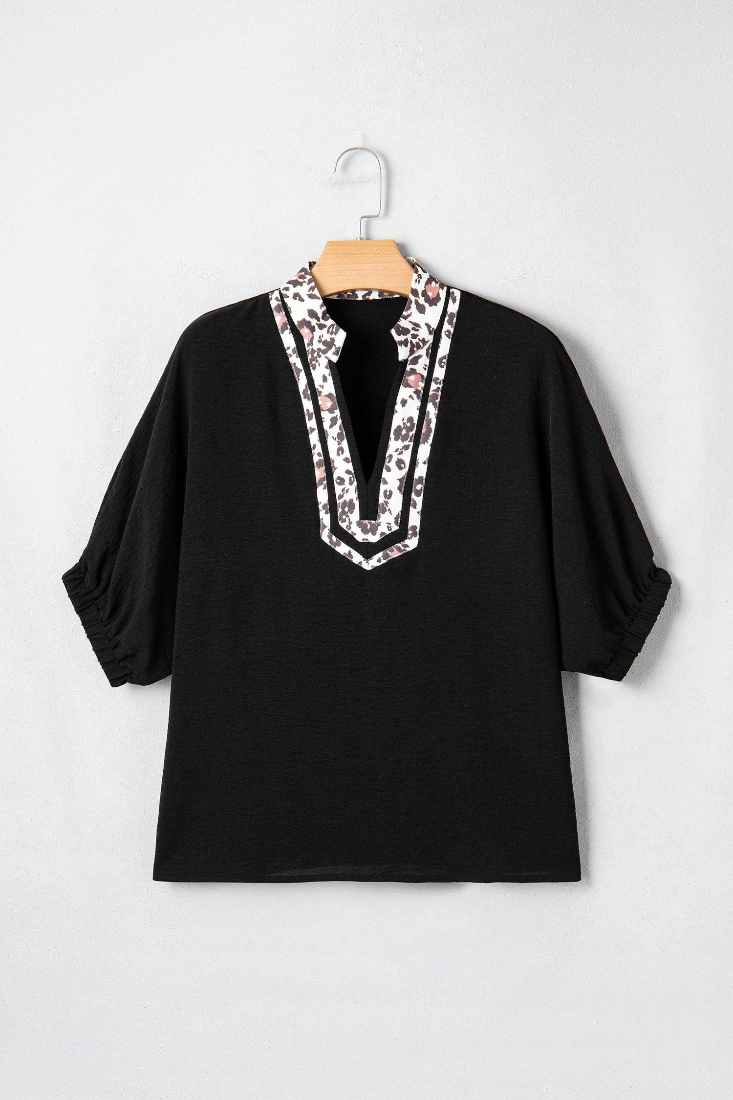 Rose Leopard Trim V Neck Dolman Sleeve Blouse Loose Fit Top: Rose Red / 100%Polyester / M