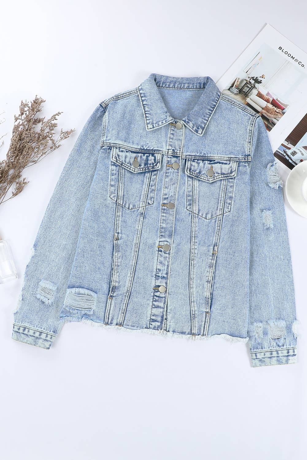 Lapel Distressed Raw Hem Buttons Denim Jacket (S-2XL): Blue / Missy / XL