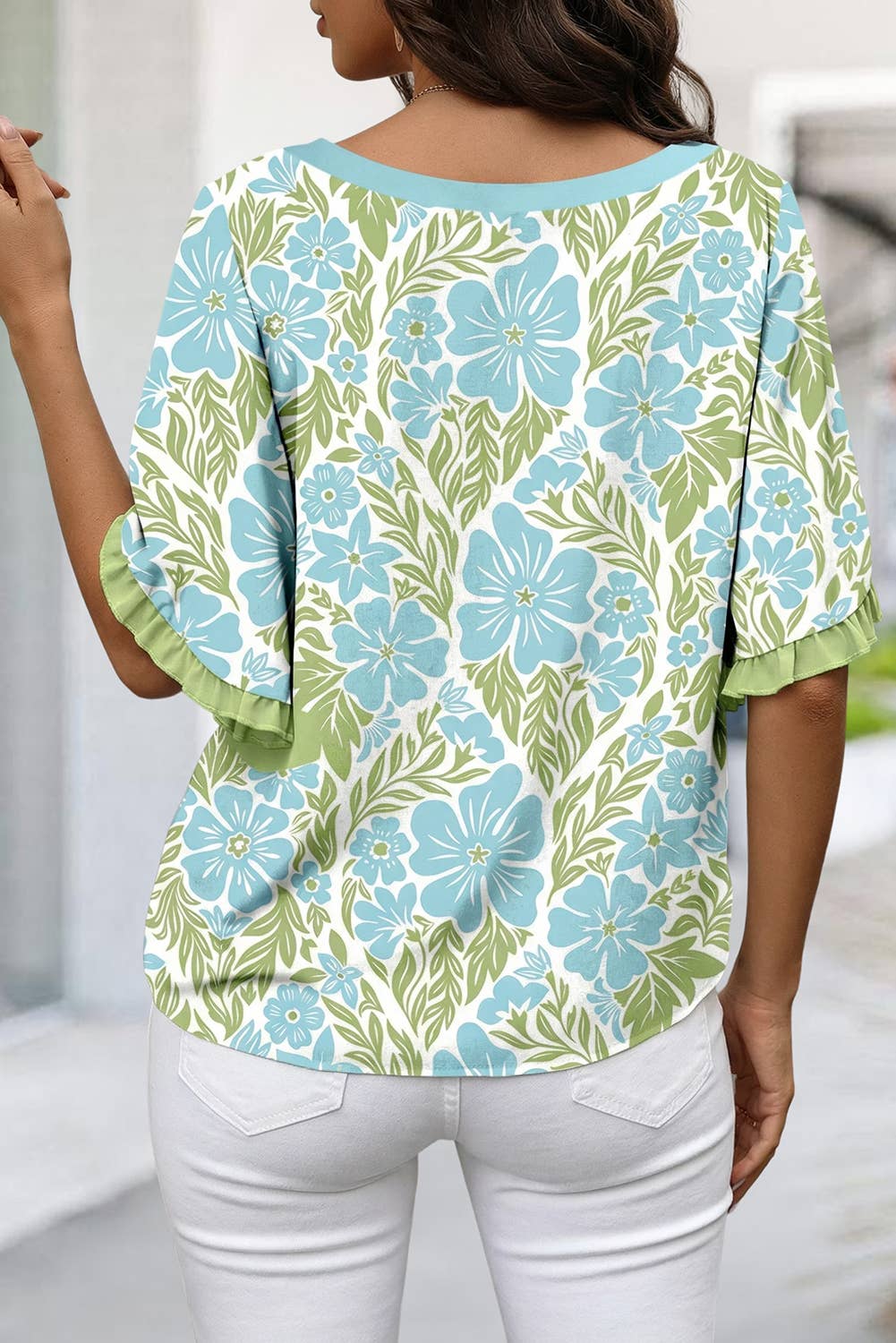 Floral Print Frill Contrast Trim S/S 26 Blouse | S-XL: Sky Blue / S