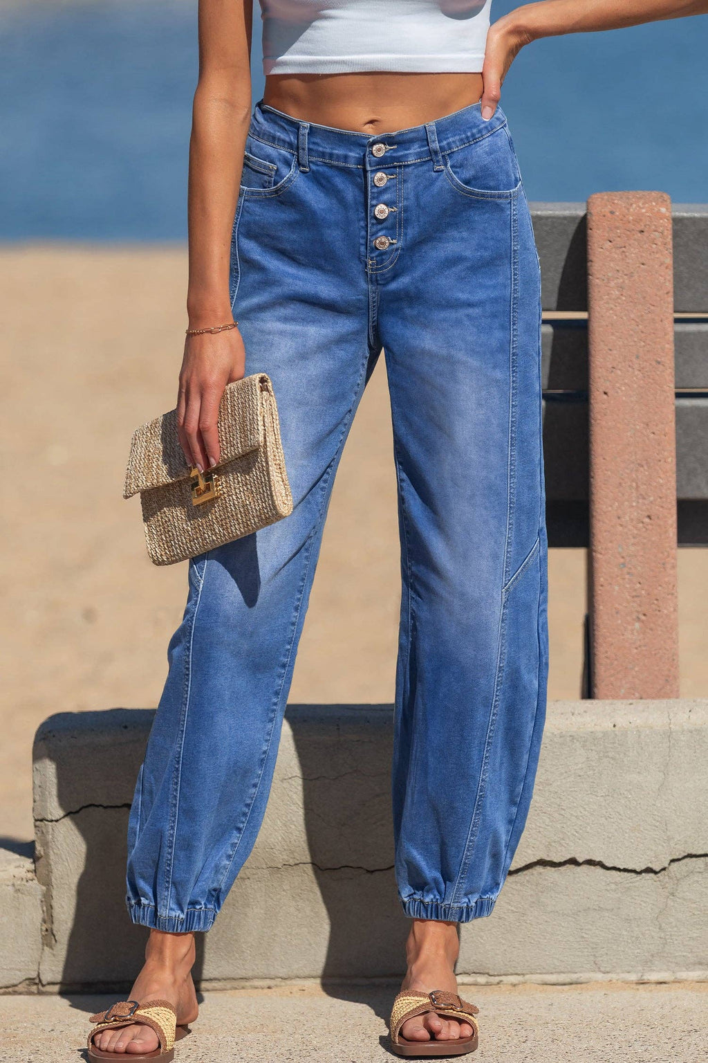 Blue 4 Buttons Front Tapered Casual Loose Fit Jeans: Blue / 65%Cotton+33%Polyester+2%Elastane / 8