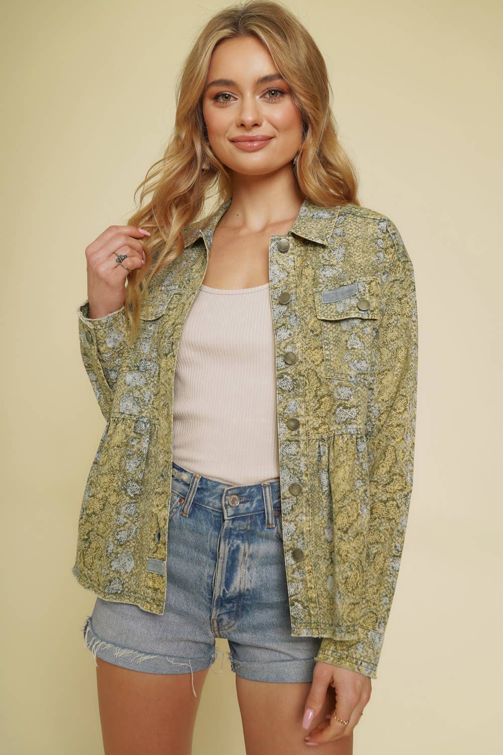 55936 Animal Print Peplum Jacket: LT Olive / Large