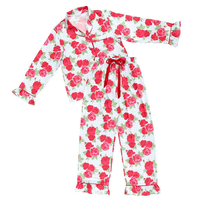 Ruffled PJ Set with Velvet Tie - Blue Gingham + Red Roses: Medium