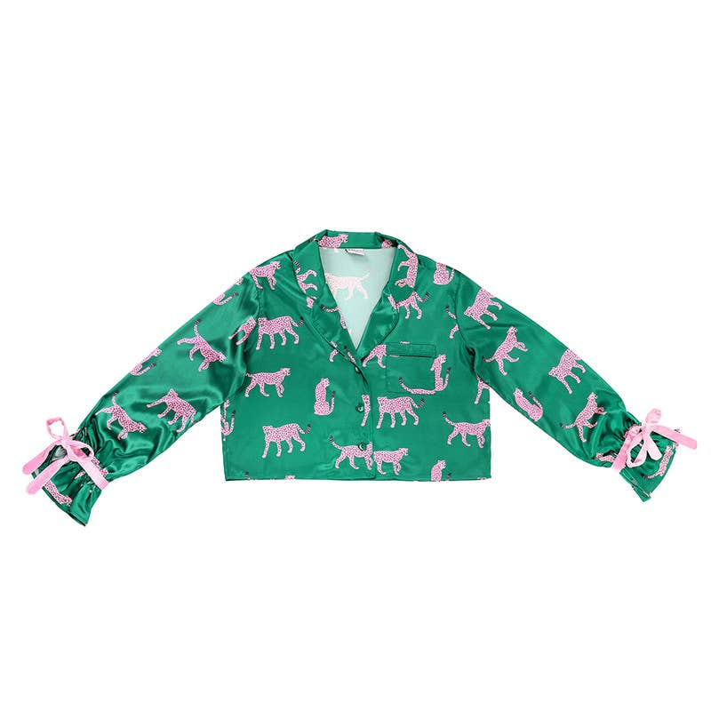 Ruffled PJ Set with Velvet Ties - Green + Cheetahs: Small