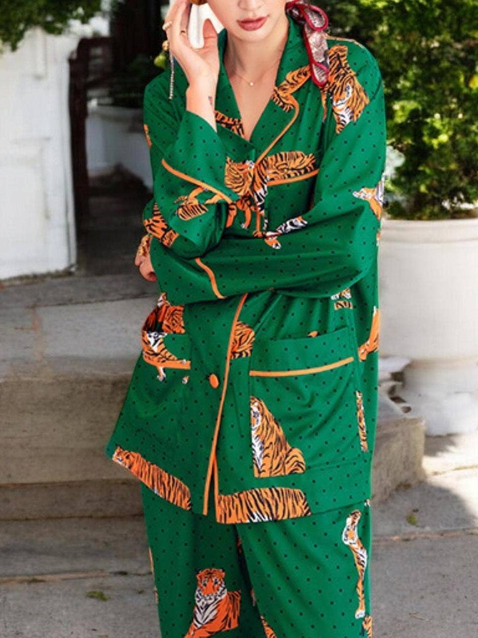 Satin Tiger Print Pajama Set: Green / L