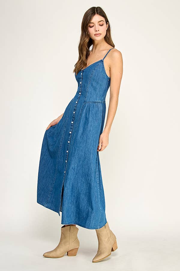 DENIM BUTTON FRONT MIDI DRESS: DENIM BLUE / L