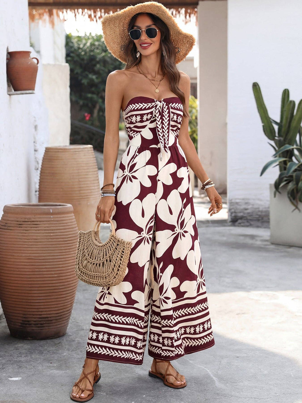 Floral Strapless Wide Leg Jumpsuit Boho Summer: Black / 91%Viscose+9%Polyamide / S