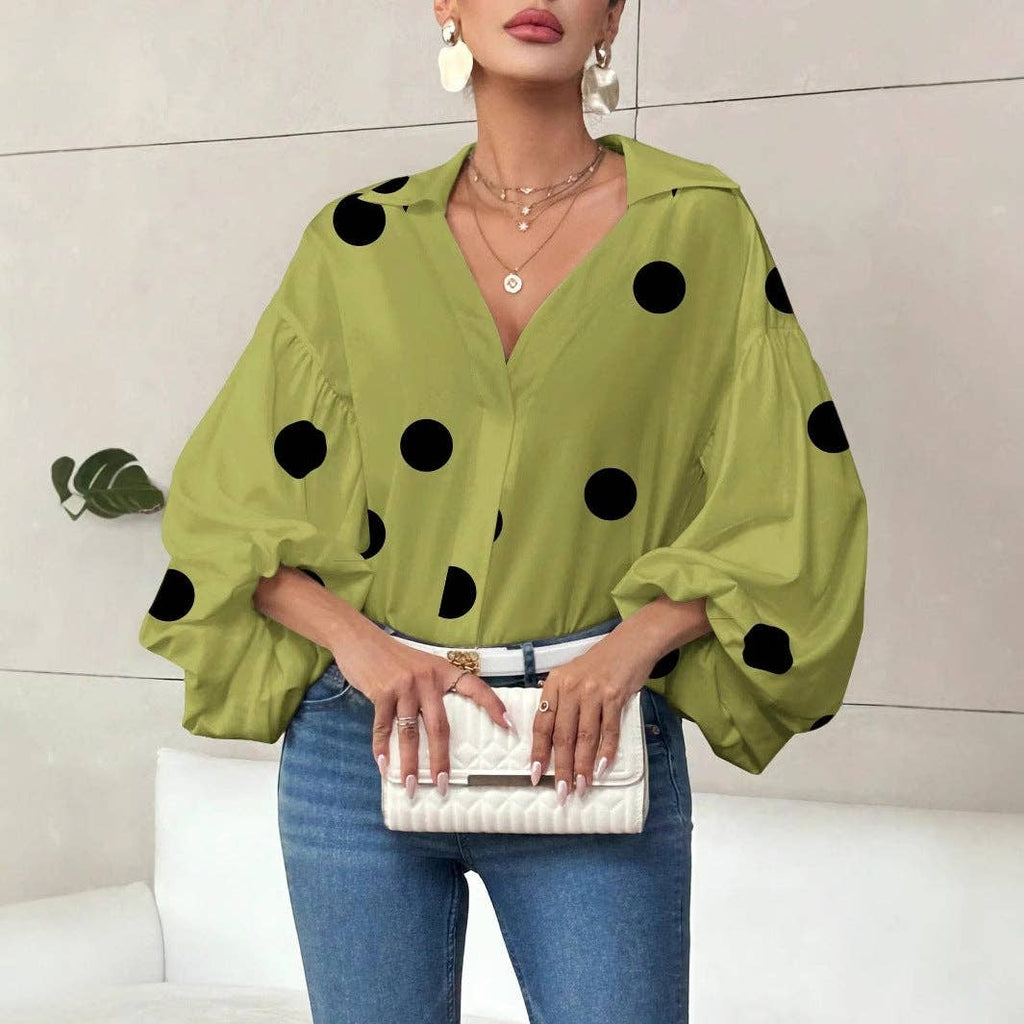 Women’s Lantern Sleeve V Neck Blouse Elegant Casual Top: Navy Blue Polka Dots / 100% Polyester / S