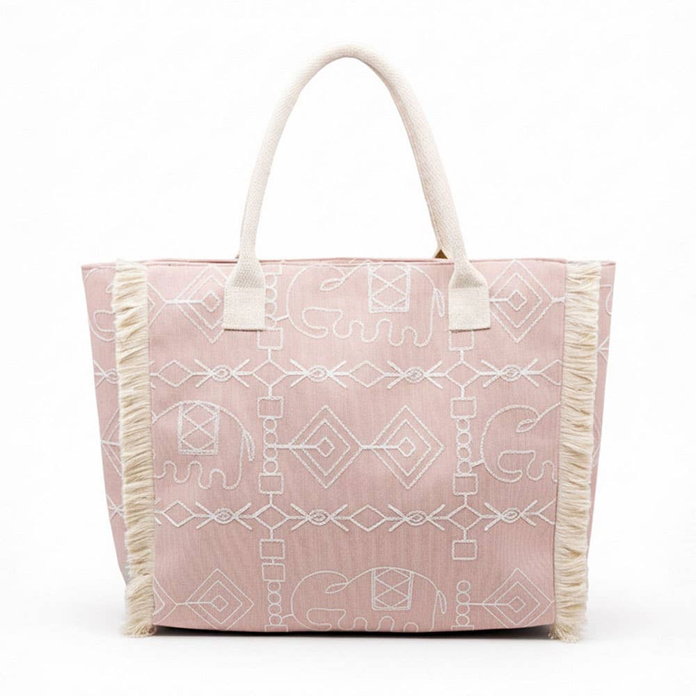 Boho Geometric Elephant Print Fringe Tote Bag