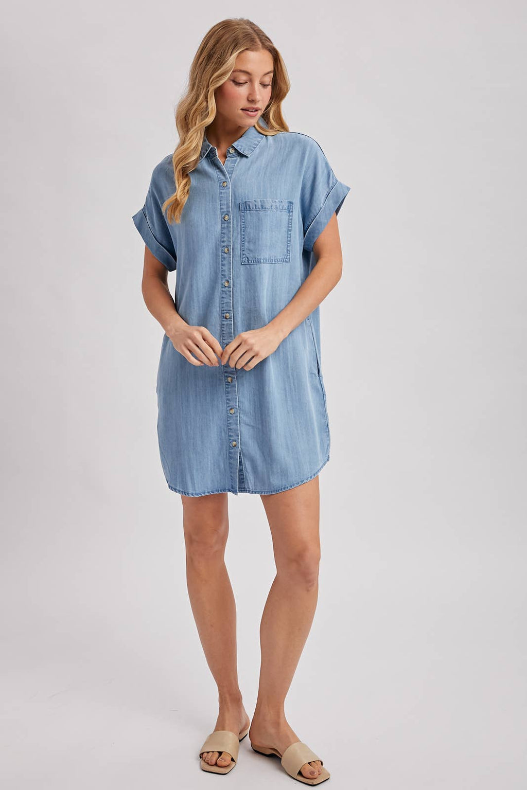 DENIM BUTTON DOWN SHIRT DRESS: MED.WASH / L