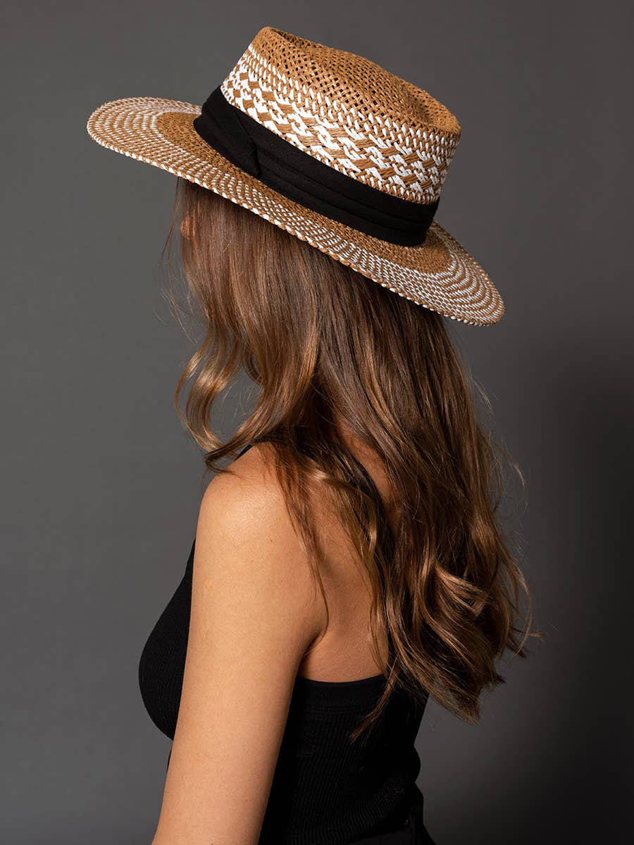 HAT2326 Zia Two-Tone Straw Boater Hat w/ Band: Lt. Blue/Beige