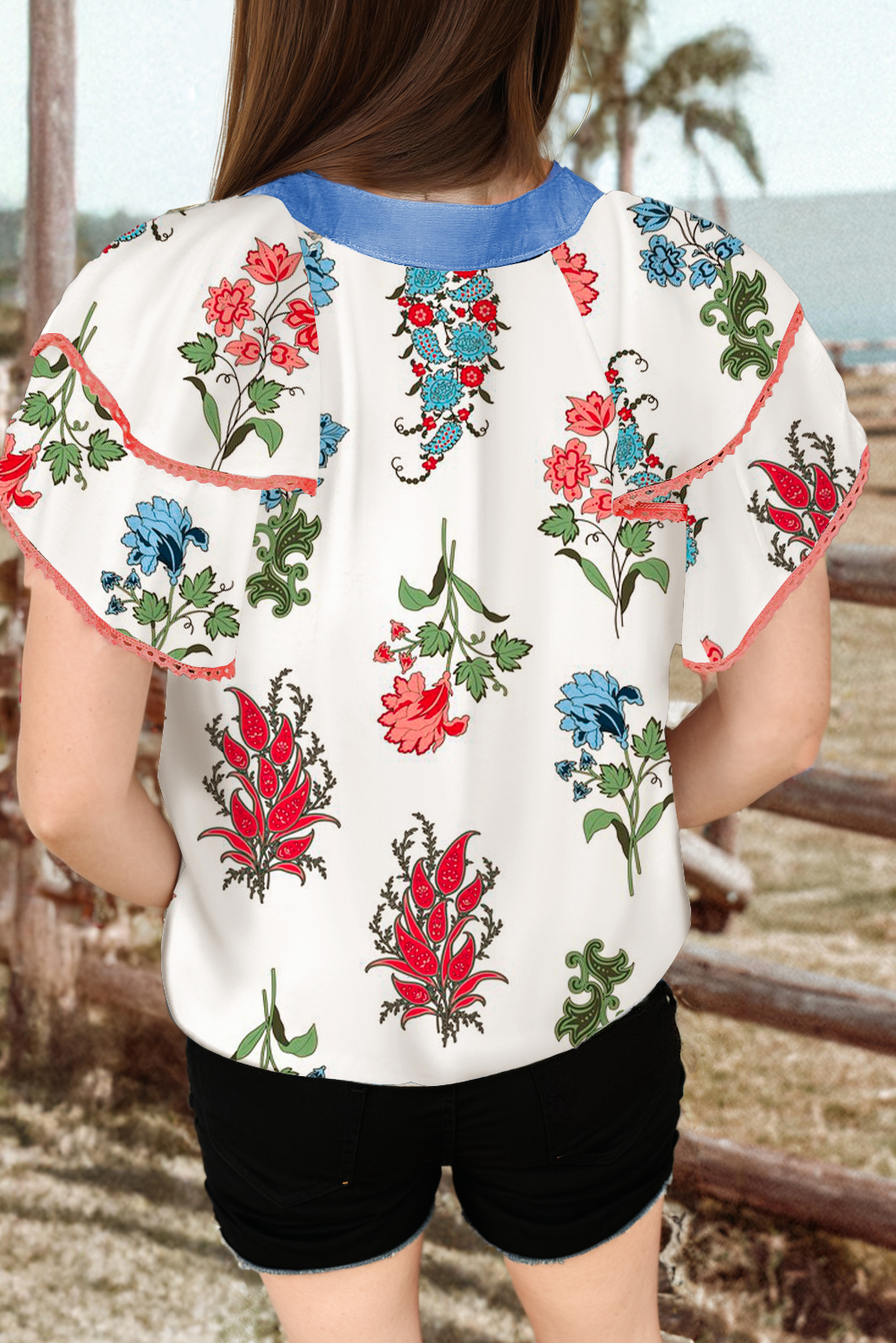 Floral Print Contrast Tassel Tie Lace Detail Blouse