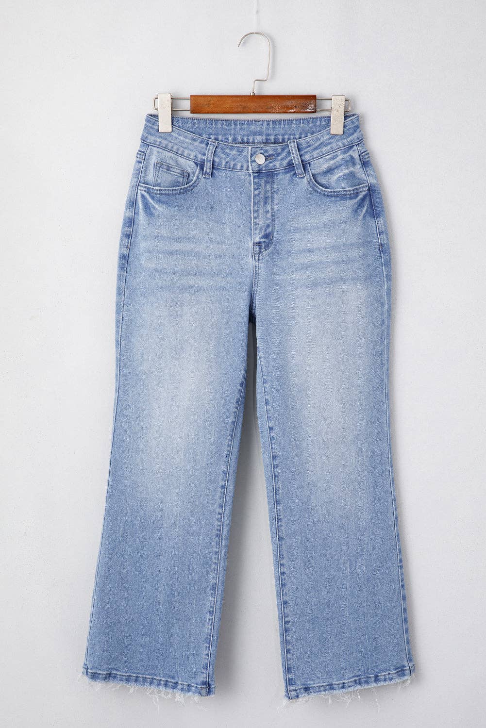 High Waist Flared Jeans with Raw Hem: Sail Blue / 71%Cotton+27.5%Polyester+1.5%Elastane / 6