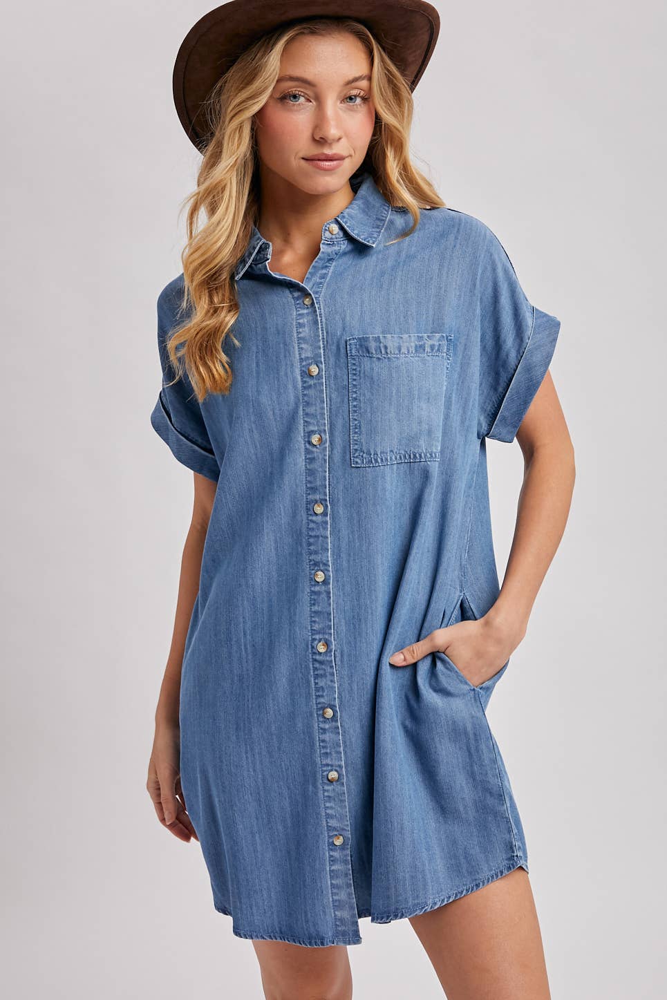 DENIM BUTTON DOWN SHIRT DRESS: LT.WASH / L