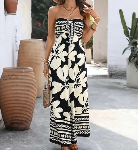 Black Floral Strapless Backless Wide Leg Jumpsuit: Black / 91%Viscose 9%Polyamide / M
