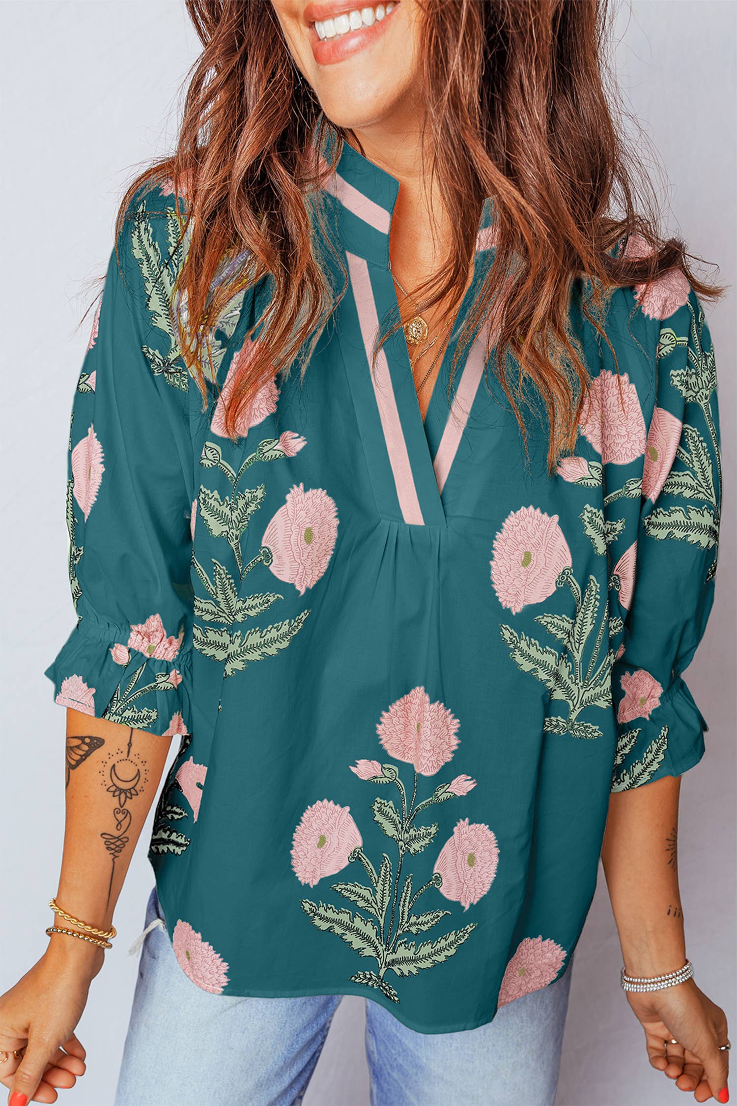 Floral V Neck 3/4 Sleeve Blouse | S-XL: As shown / Missy / S