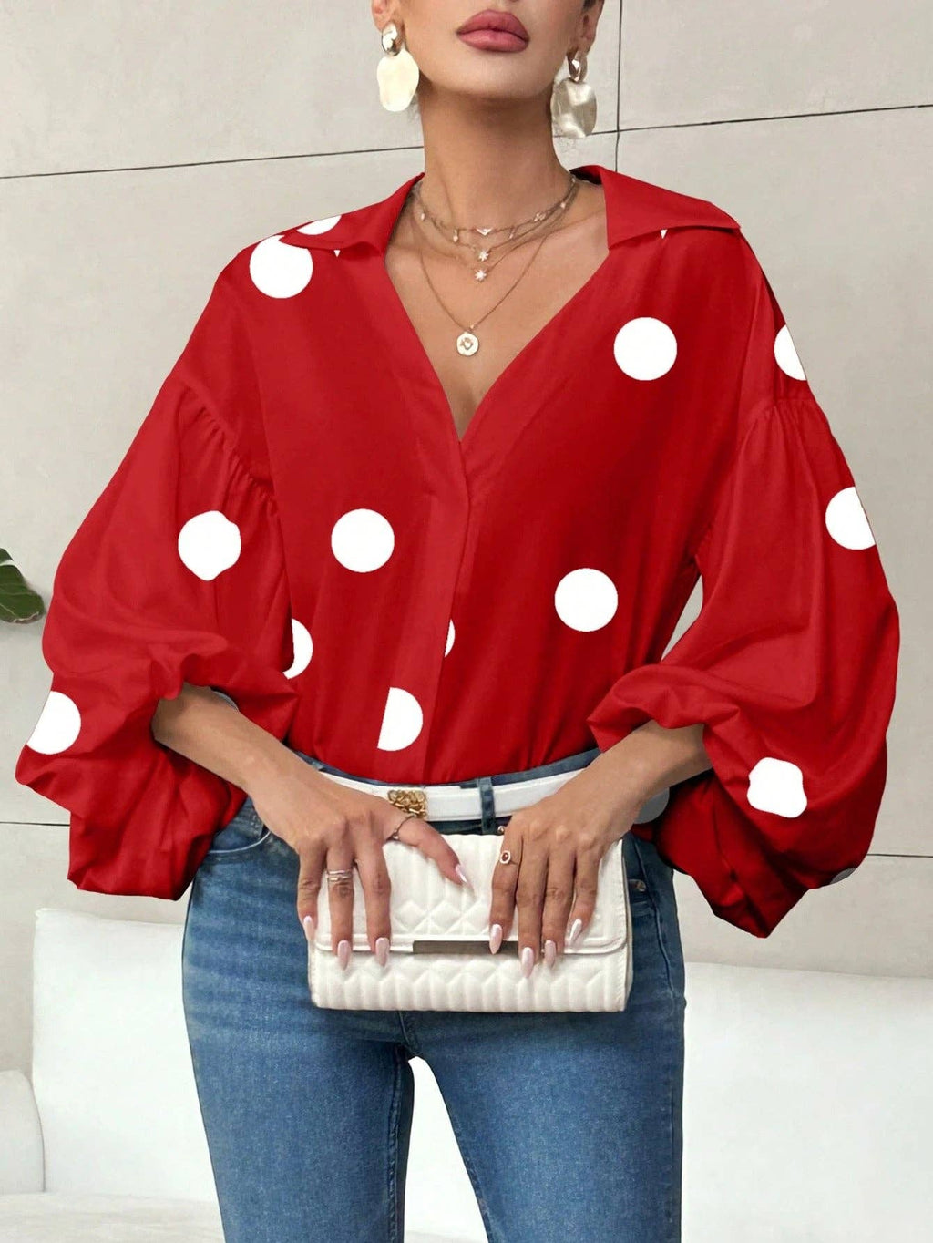 Women’s Lantern Sleeve V Neck Blouse Elegant Casual Top: White / 100% Polyester / S