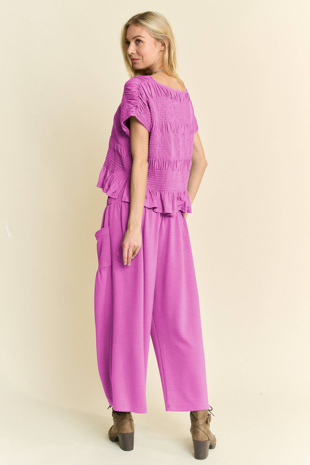 RUFFLE CAP SLEEVE TOP AND WAISTBAND PANTS SET: INDIGO BLUE / S
