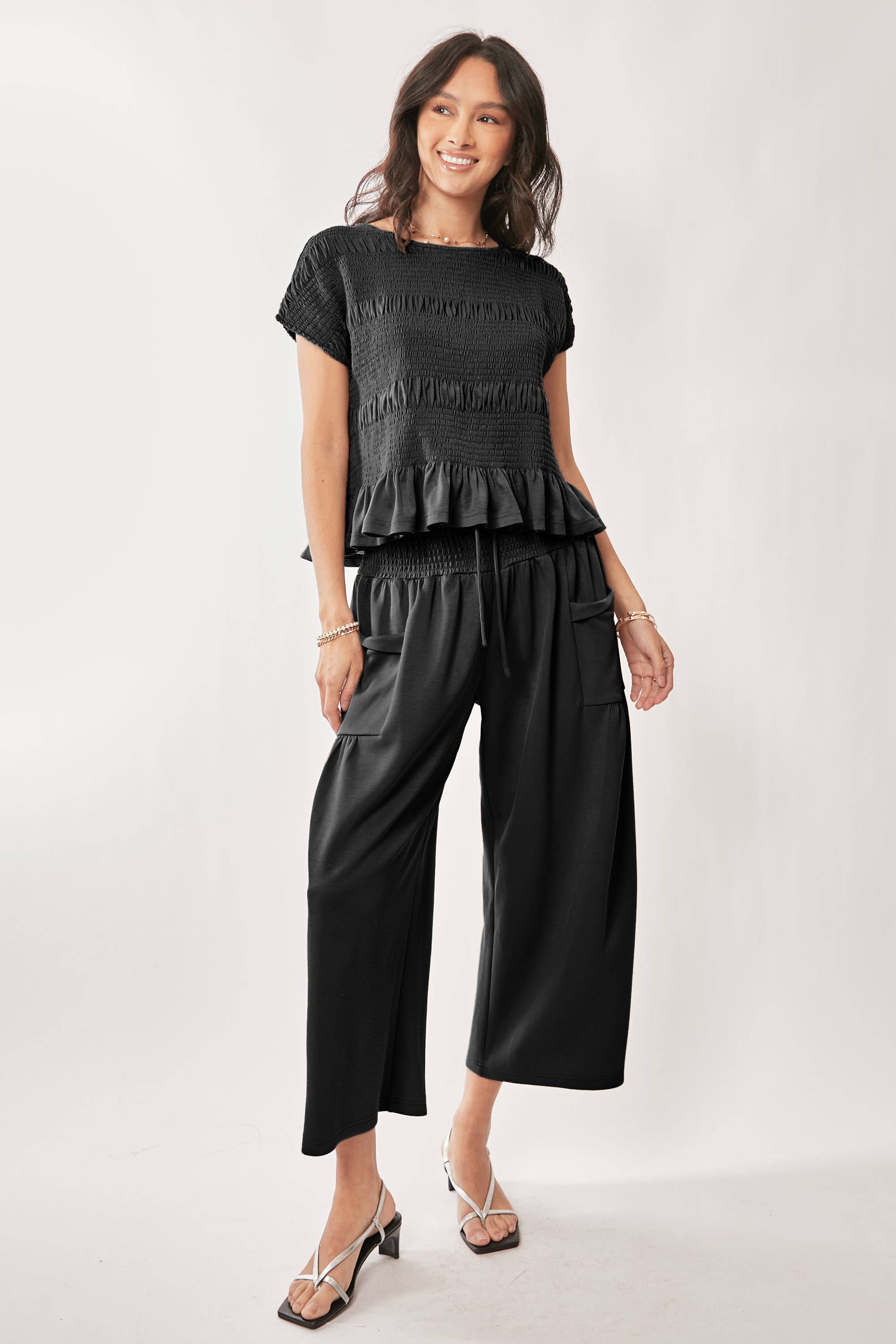 RUFFLE CAP SLEEVE TOP AND WAISTBAND PANTS SET: INDIGO BLUE / L