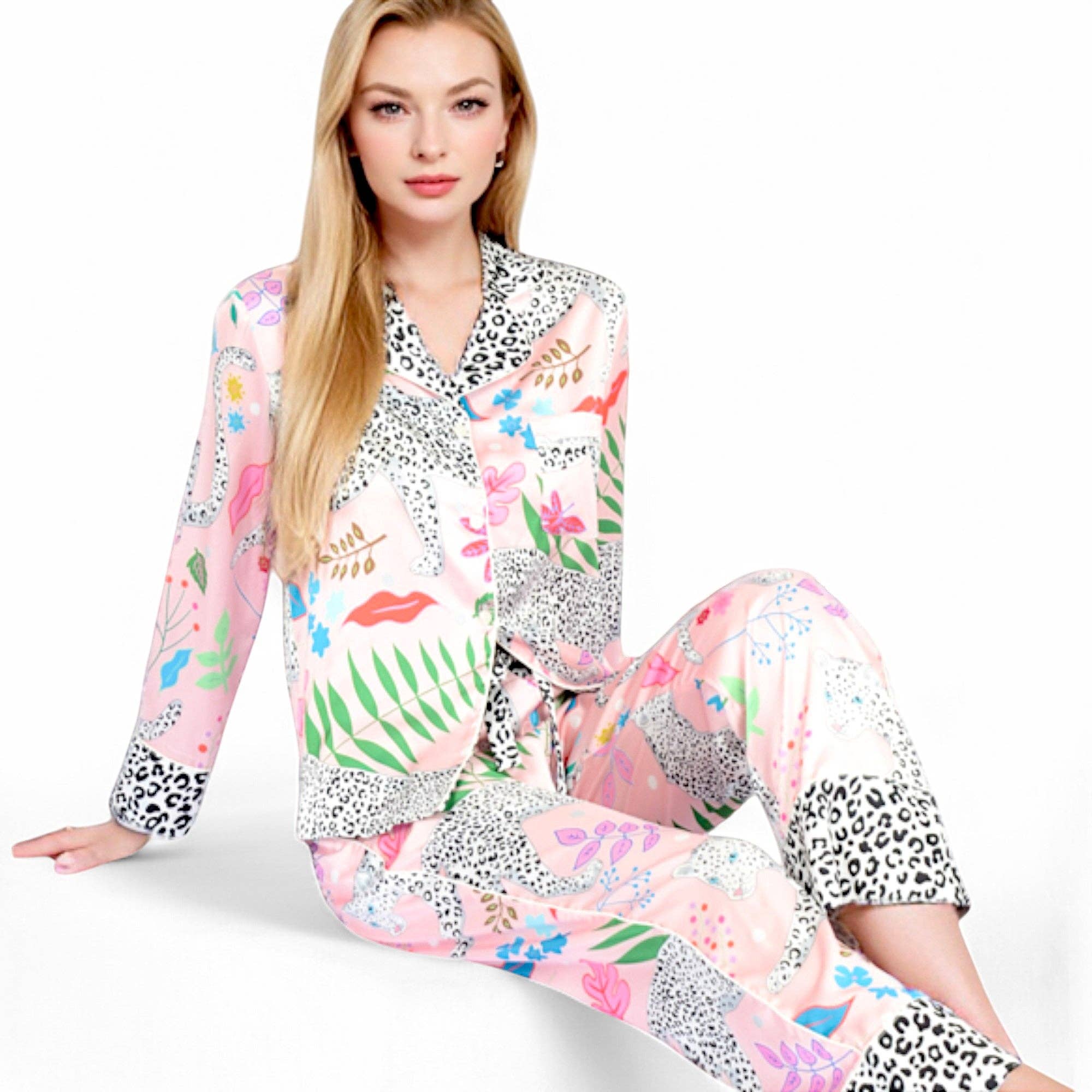 Satin Pink Leopard Print Pajama Set with Long Sleeve
