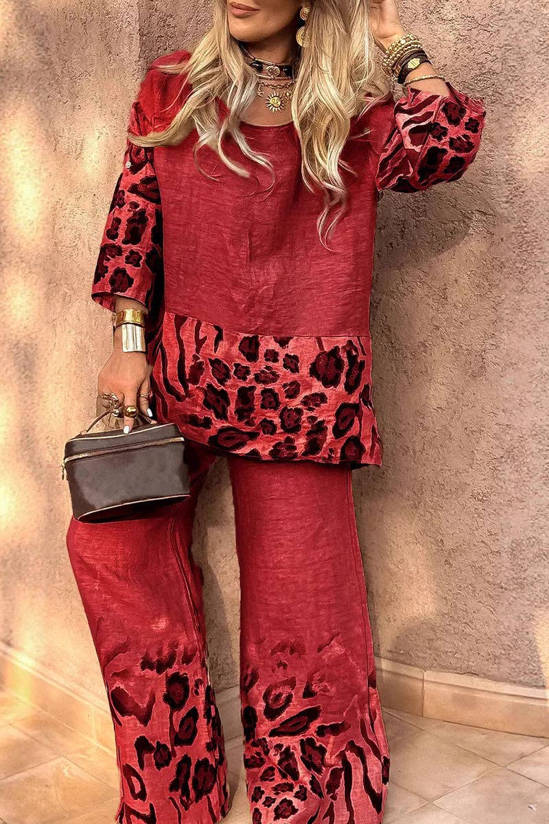 Leopard Print Two-Piece Set: KHAKI / L