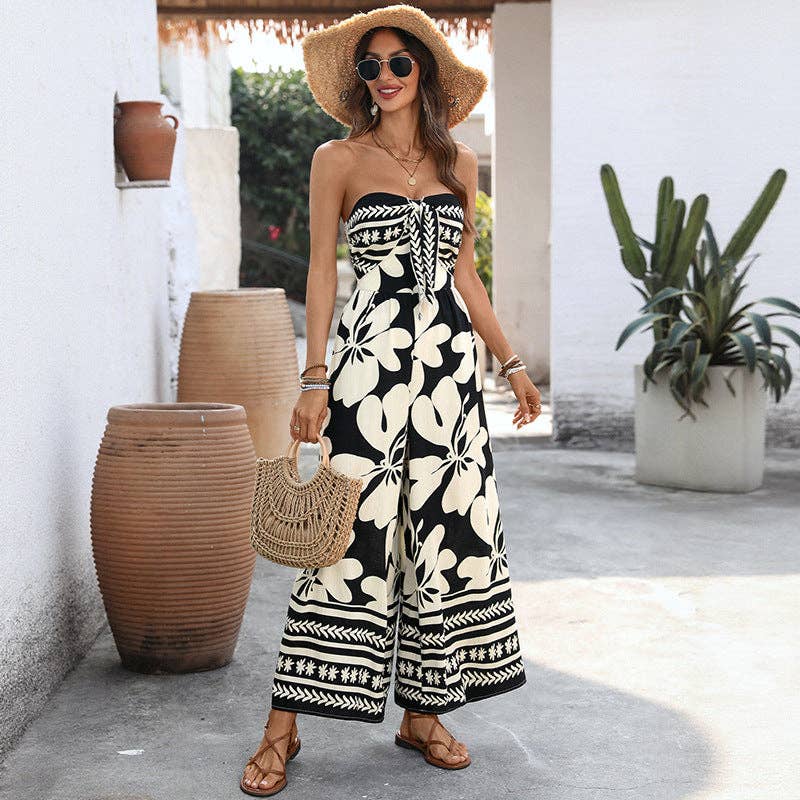 Black Floral Strapless Backless Wide Leg Jumpsuit: Black / 91%Viscose 9%Polyamide / S
