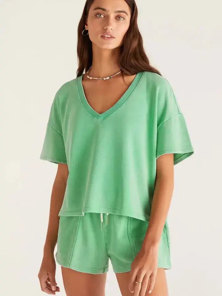 Women’s V-Neck Tee and Drawstring Shorts Lounge Set: Bonbon / 70%Polyester+25%Cotton+5%Elastane / S