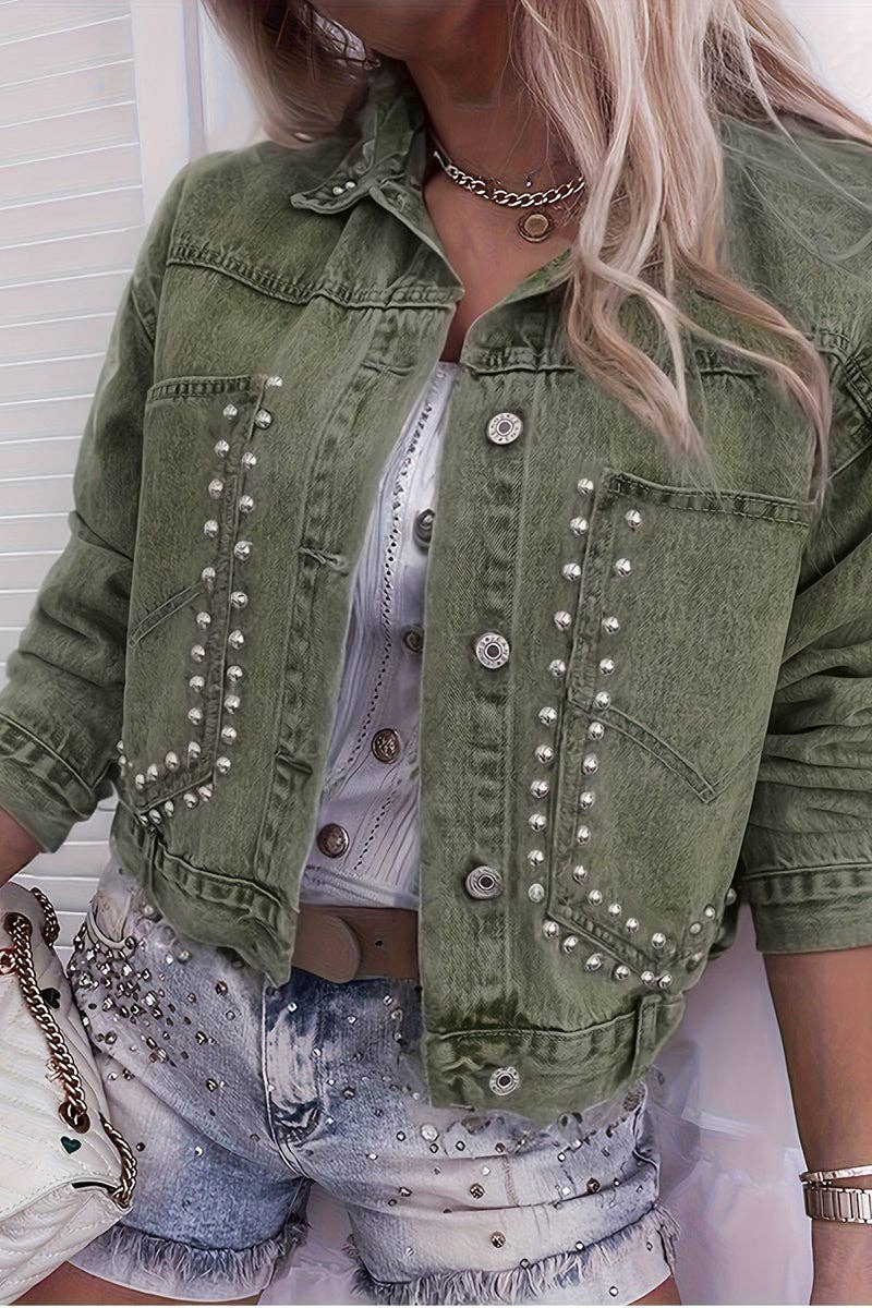Studded Denim Jacket with Button Accents: PINK / L