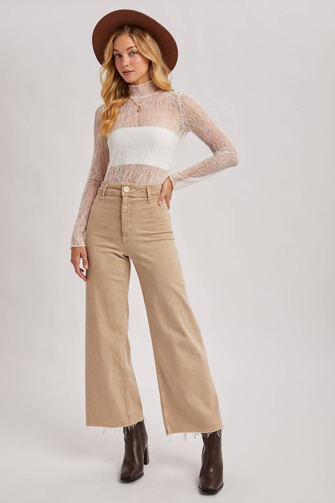 ELEGANT LONG-SLEEVED MOCK NECK LACE TOP WITH NO LINING: IVORY / L