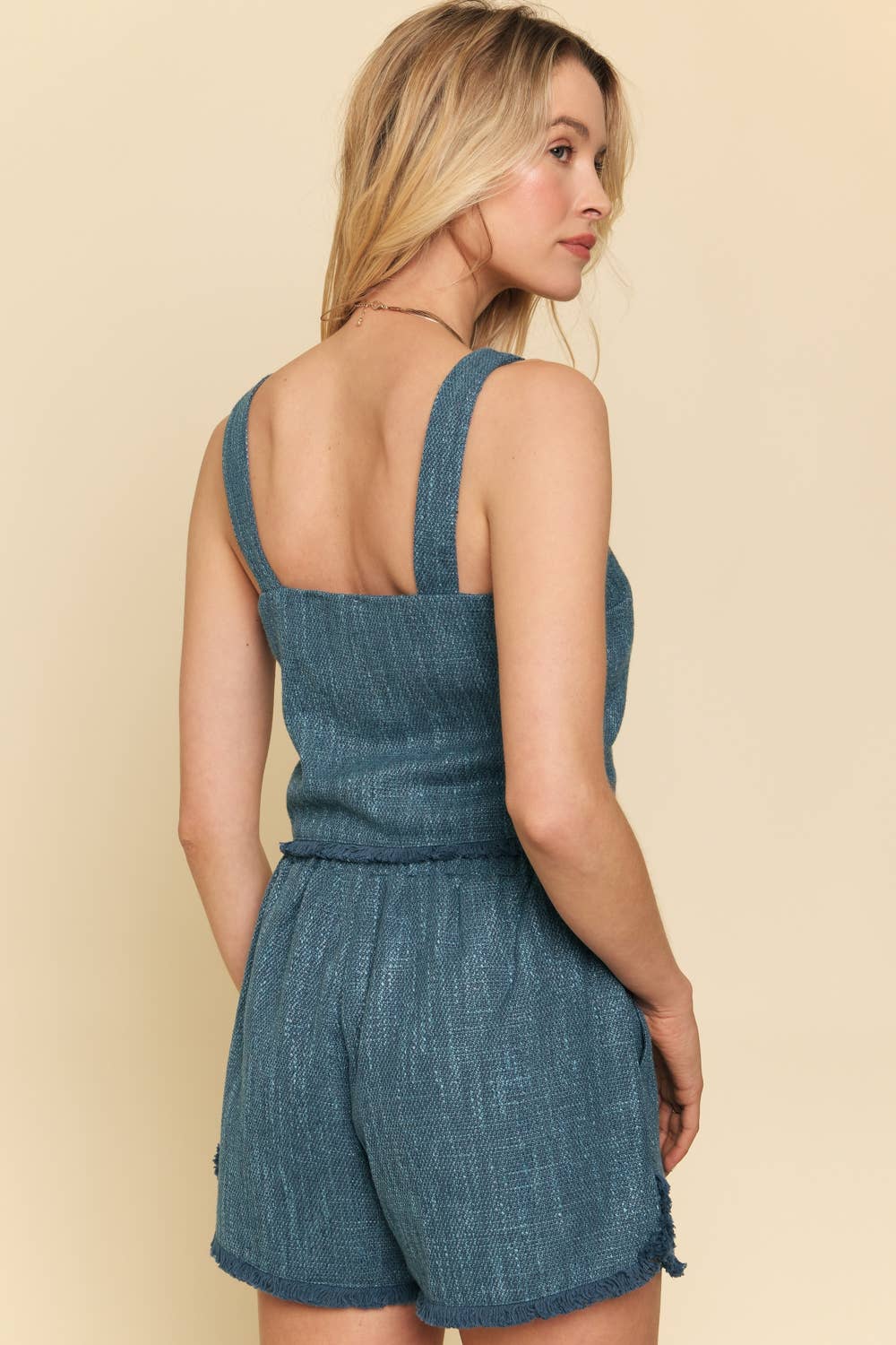Shoulder Strap Tweed Top: Denim Blue