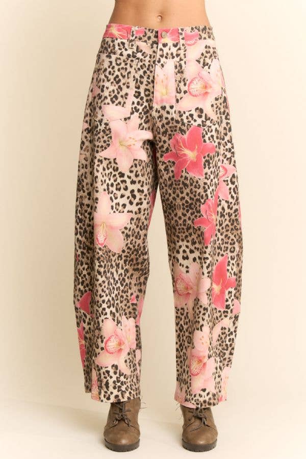 LEOPARD FLORAL PRINT RELAXED WIDE LEG PANTS: LEOPARD FLORAL / S