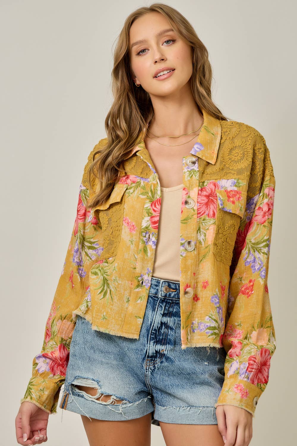 61438 Floral Mixed Media Jacket: White Mix / Large