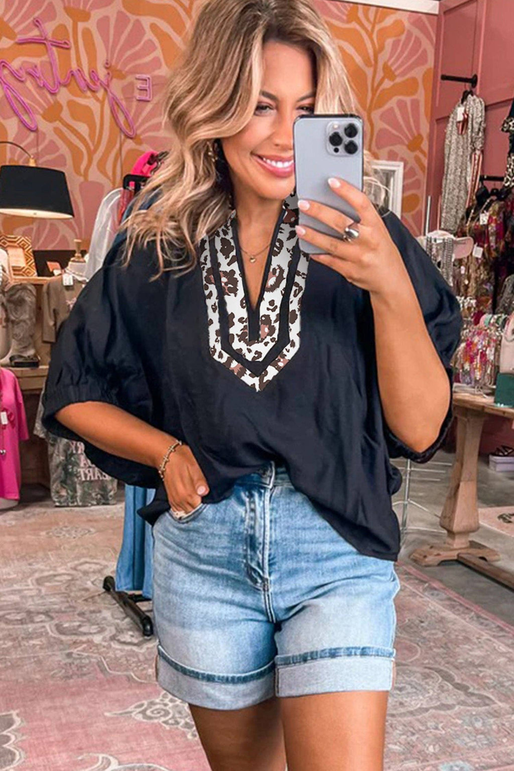 Rose Leopard Trim V Neck Dolman Sleeve Blouse Loose Fit Top: Black / 100%Polyester / XL