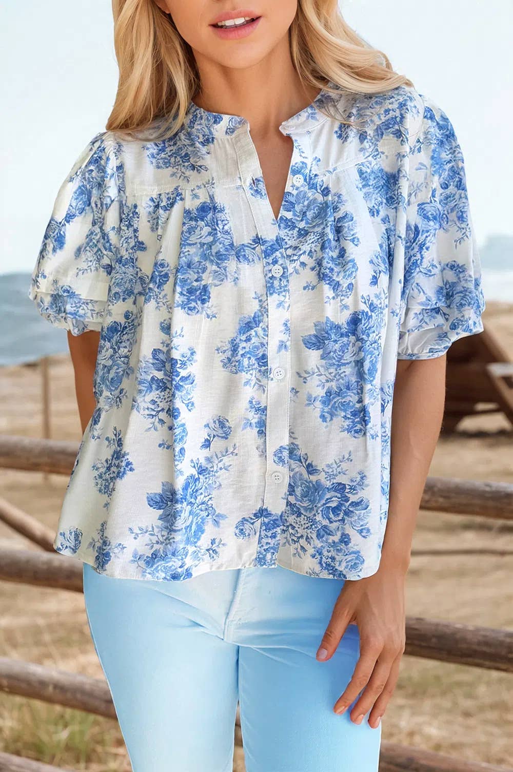 Boho Floral Tier Puff Pleat Bust Button Shirt