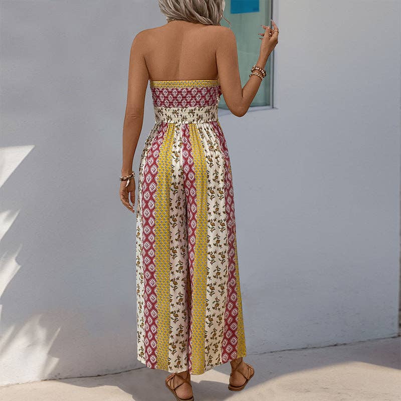 Boho Strapless Smocked Jumpsuit with Wide-Leg Flare Pants: Apricot / 100%Viscose / S
