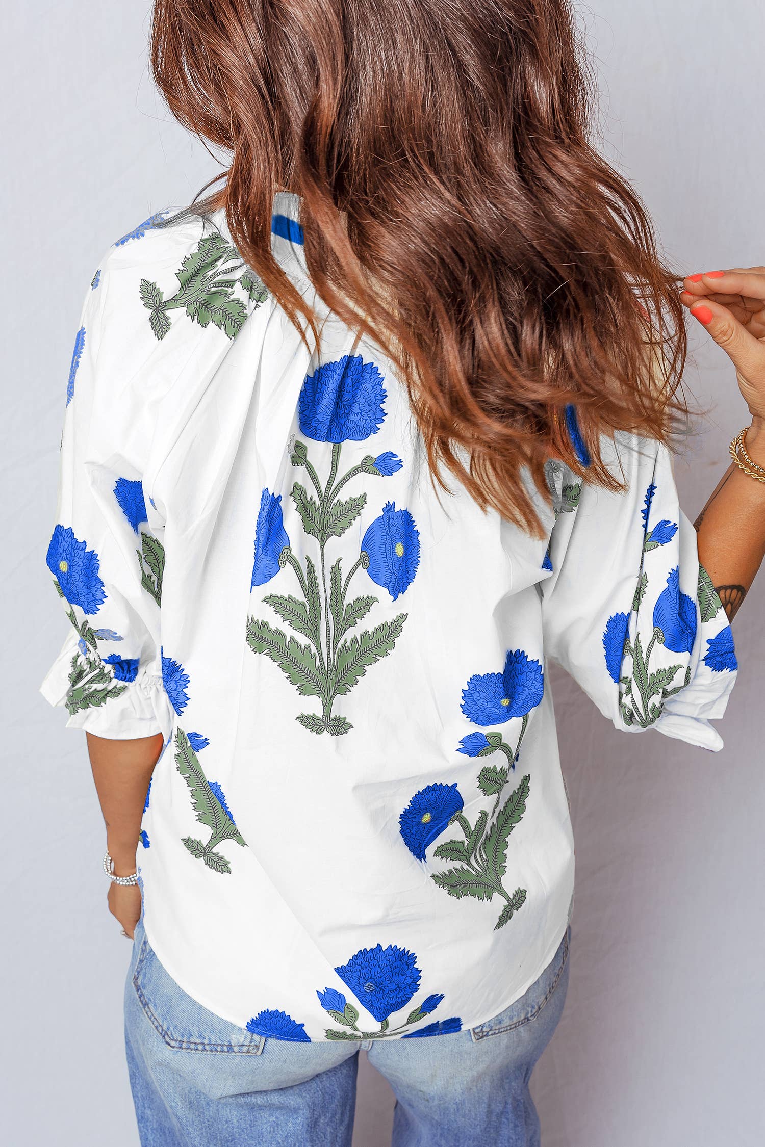 Floral V Neck 3/4 Sleeve Blouse | S-XL: Blue / Missy / S