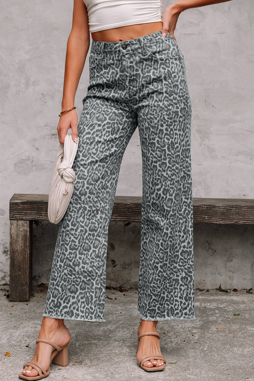 66 Western Leopard Love Edge Wide Leg High Waist Jeans: Light Gray / 8