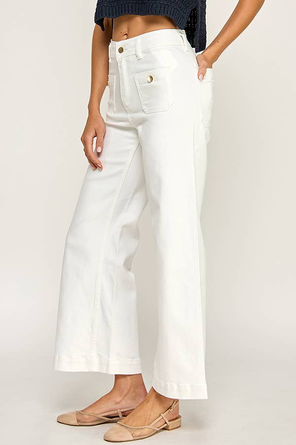 White Flap Pocket Wide Leg Jeans
