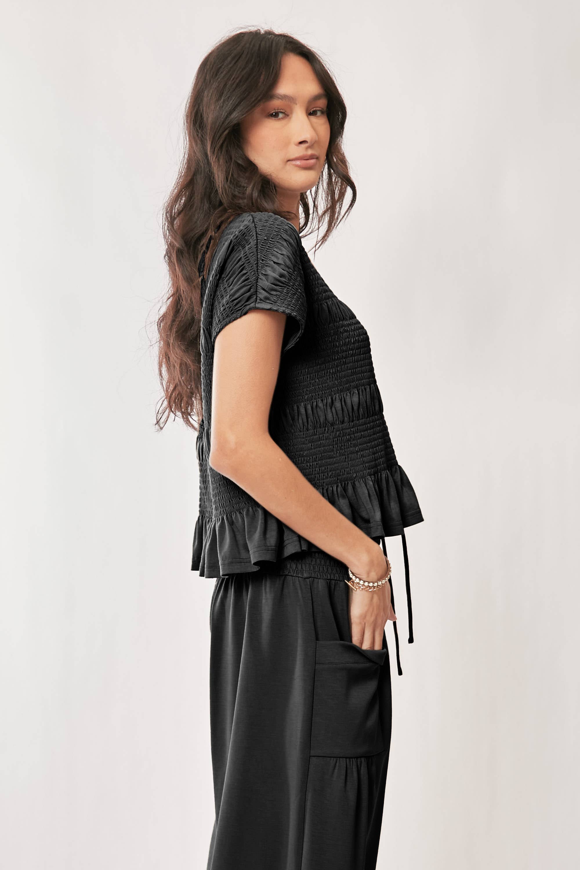 RUFFLE CAP SLEEVE TOP AND WAISTBAND PANTS SET: INDIGO BLUE / S