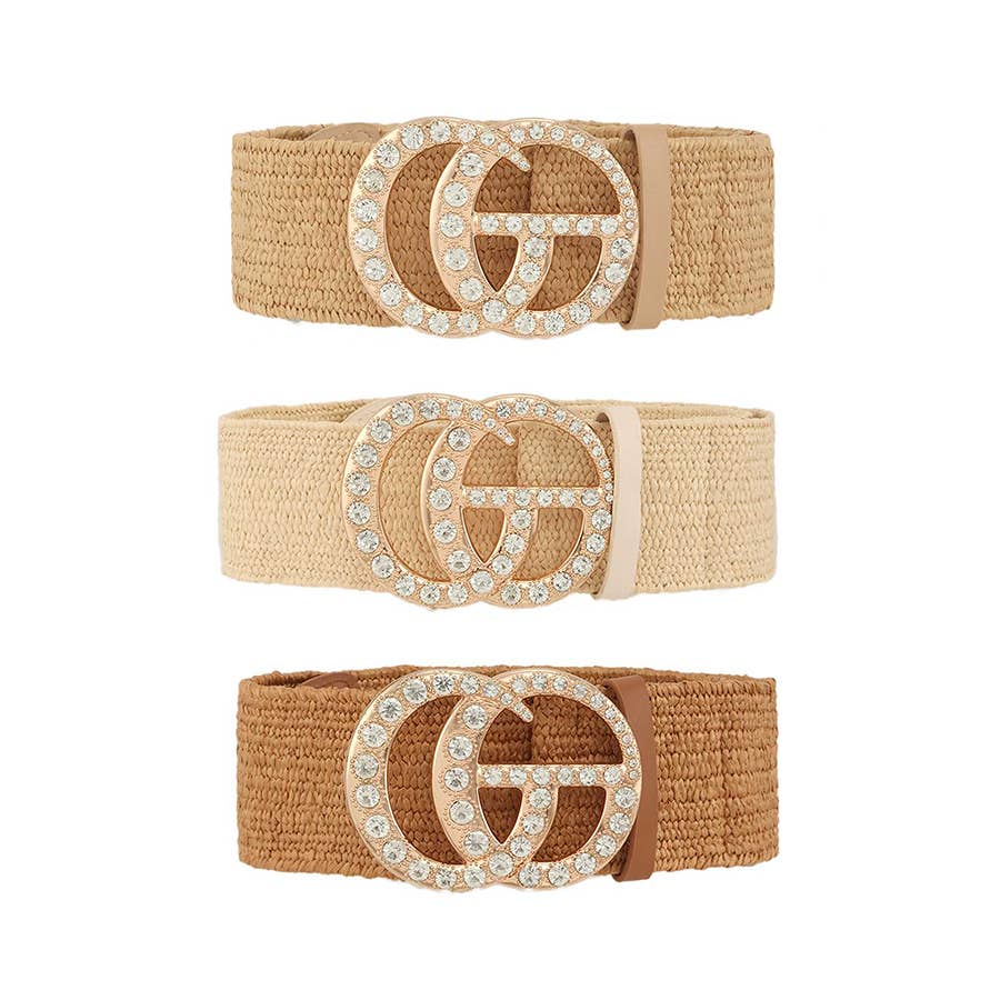 Rhinestone GO Charm Elastic Belt: TAN