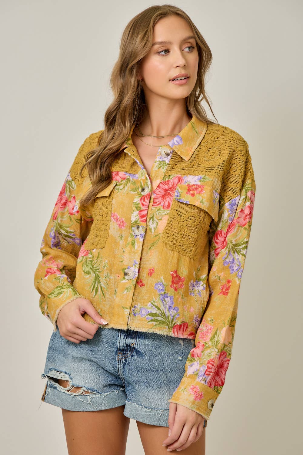 61438 Floral Mixed Media Jacket: White Mix / Small