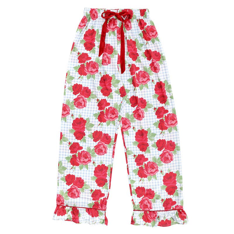 Ruffled PJ Set with Velvet Tie - Blue Gingham + Red Roses: Medium