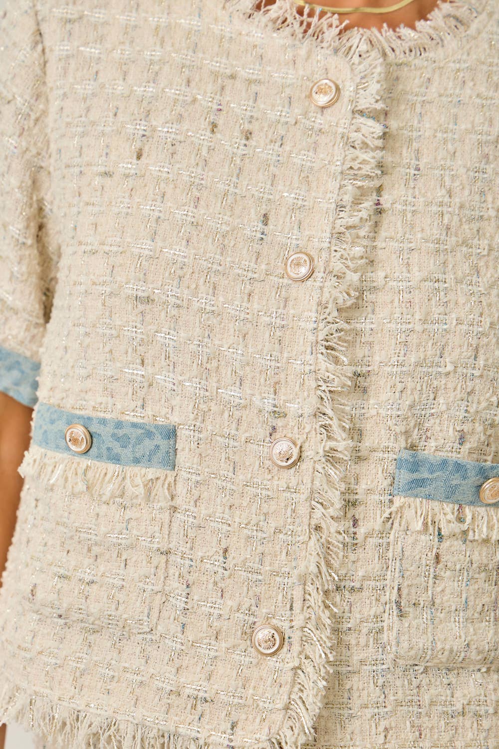 Short Sleeve Fringed Tweed Jacket