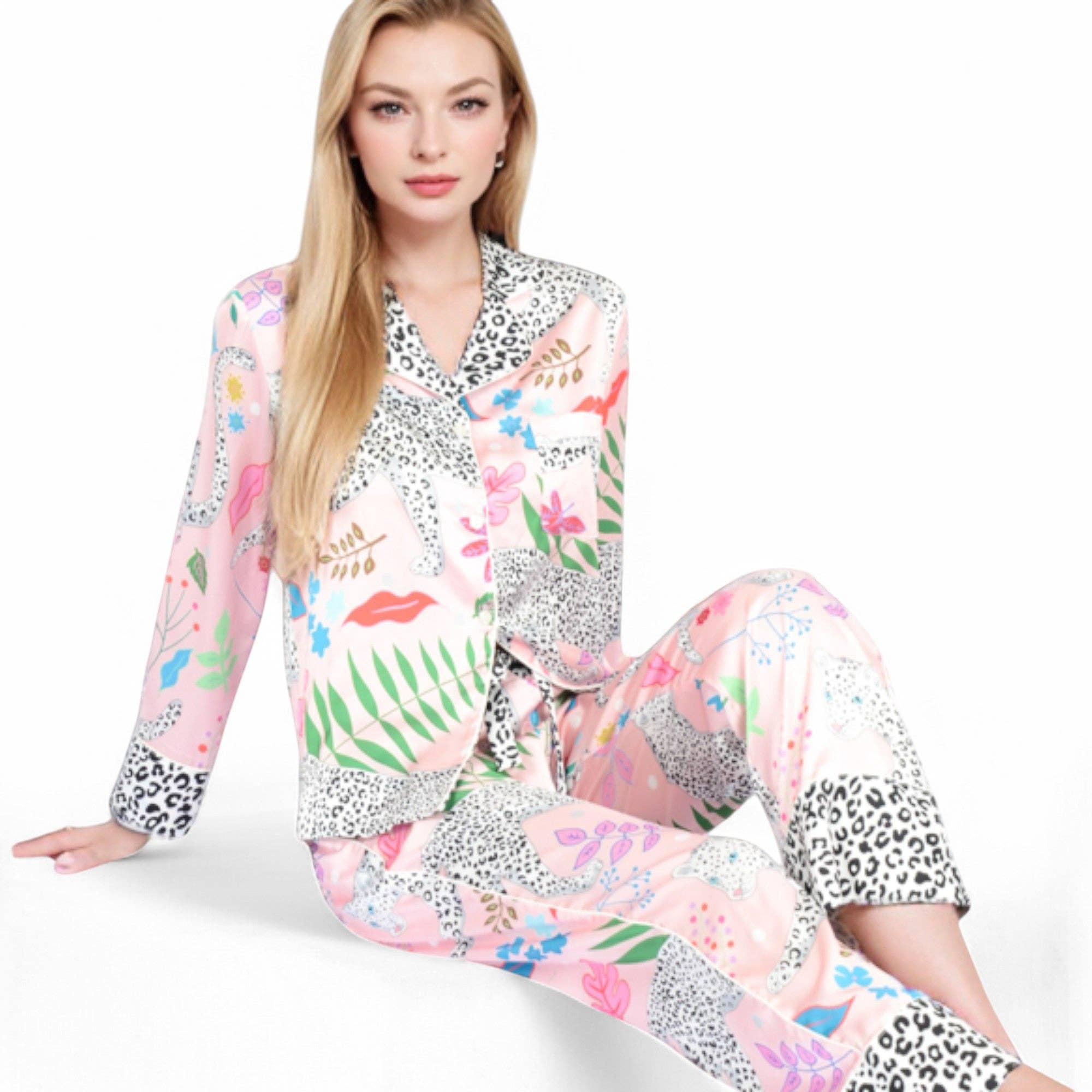 Satin Pink Leopard Print Pajama Set with Long Sleeve: Pink / Small 4-6