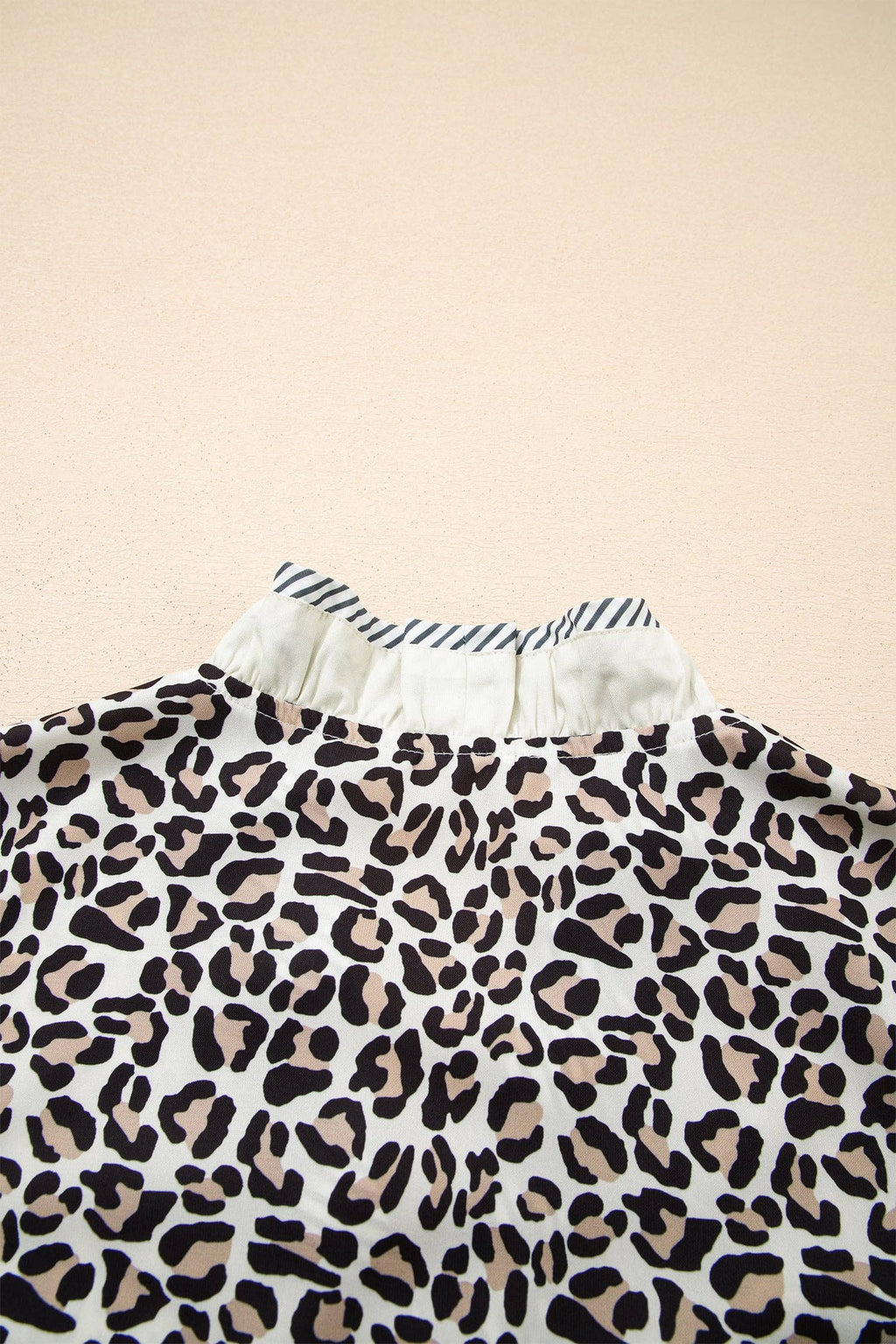 Leopard Print V Neck Blouse with Striped Ruffle Trim: Black / 100%Polyester / XL
