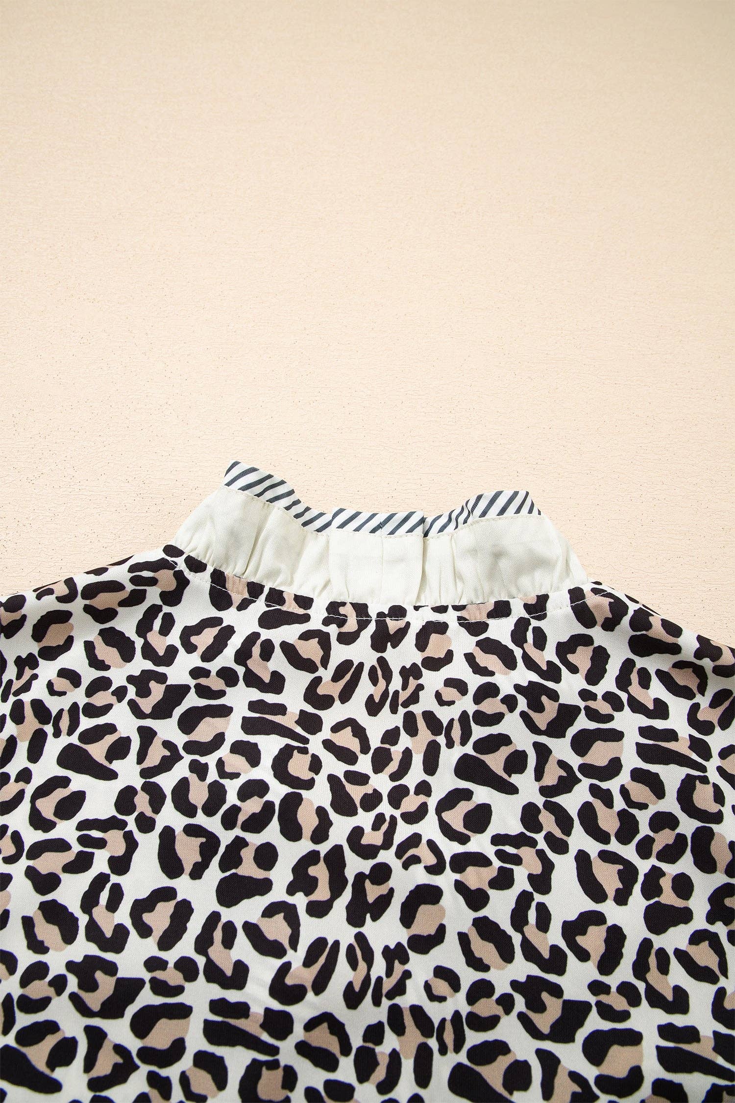 Leopard Print V Neck Blouse with Striped Ruffle Trim: Black / 100%Polyester / XL