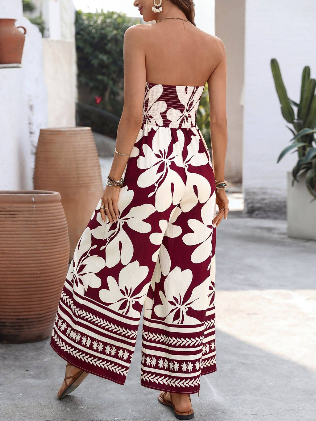 Floral Strapless Wide Leg Jumpsuit Boho Summer: Black / 91%Viscose+9%Polyamide / S