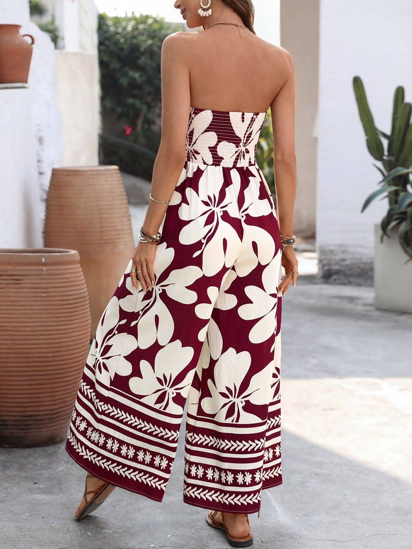 Floral Strapless Wide Leg Jumpsuit Boho Summer: Black / 91%Viscose+9%Polyamide / S