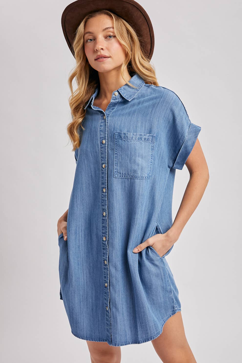 DENIM BUTTON DOWN SHIRT DRESS: MED.WASH / L